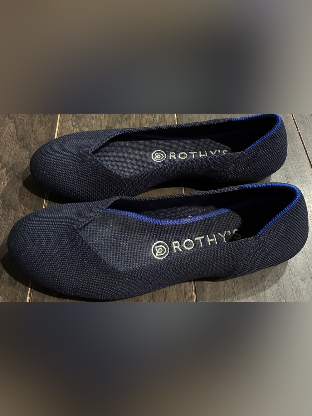 Rothy's The Flat Round Toe Women's Size 7.5 Slip On Shoes Black Blue Trim